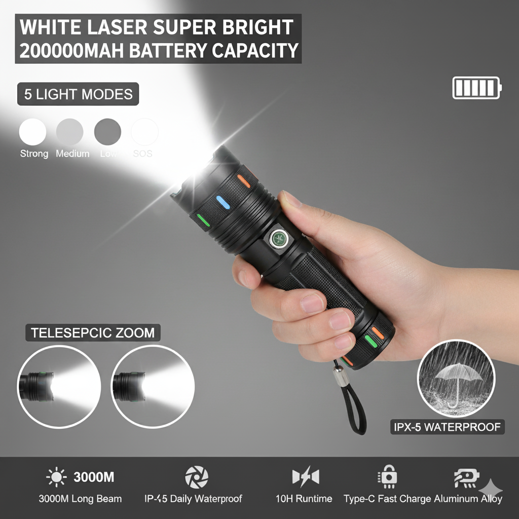 সুপার ব্রাইট হোয়াইট লেজার রিচার্জেবল টর্চলাইট (১৮৬৫০ mAh)