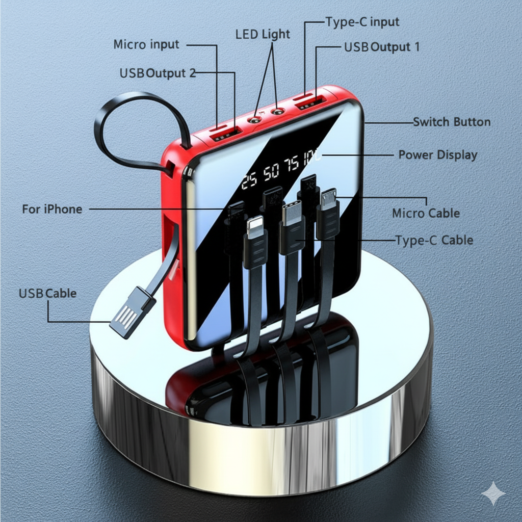 20000 MAH Powerbank with LED Display and All in One Cable set